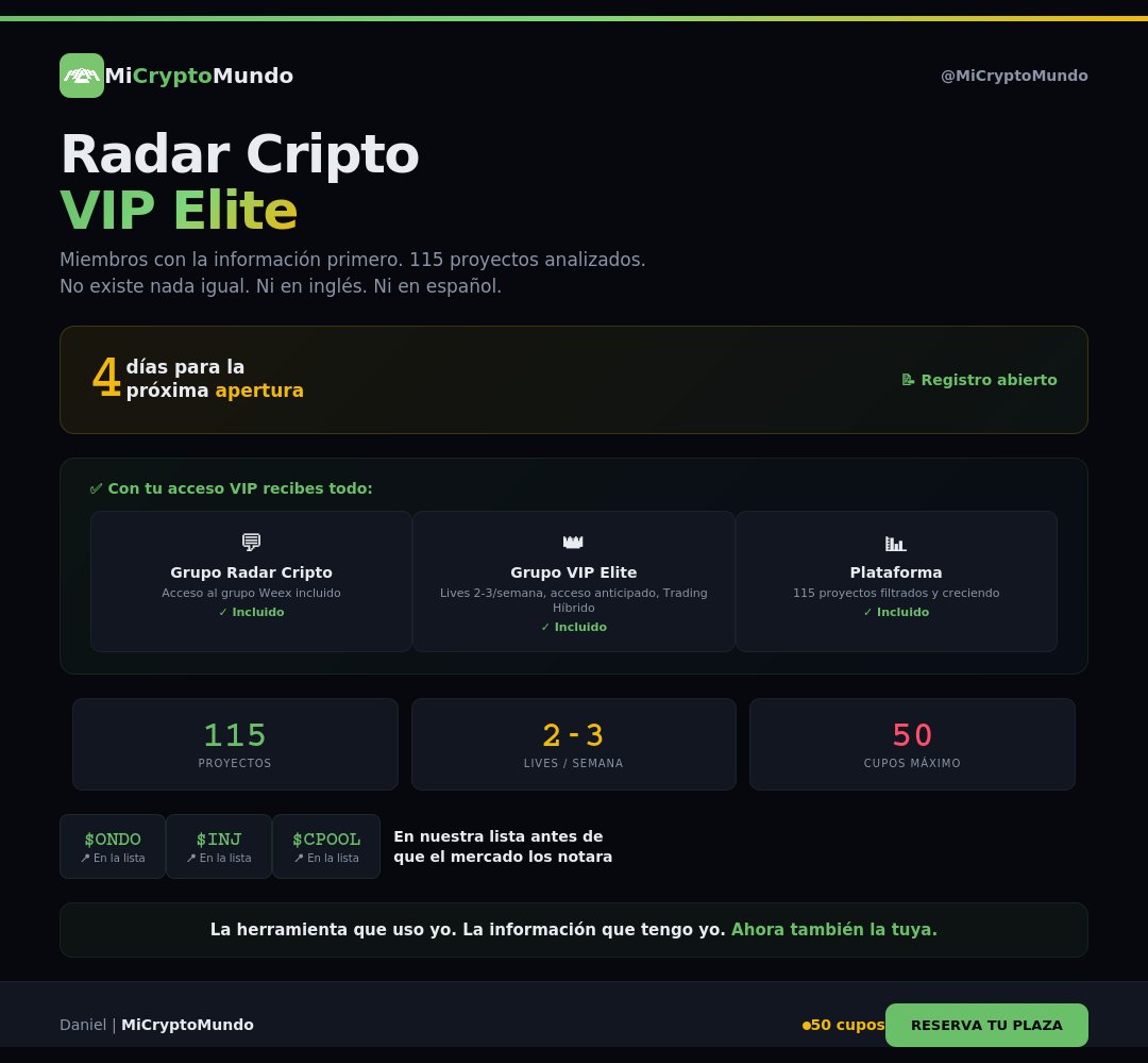 MiCryptoMundo's tweet photo. 4 días para la próxima apertura del VIP de MiCryptoMundo.

115 proyectos en la plataforma. 

$ONDO, $INJ y $CPOOL estaban en nuestra lista antes de que el mercado los notara.

Grupo Radar Cripto + Grupo VIP Elite + Plataforma completa. Todo incluido.

Registro abierto. 50 cupos. 

Un solo enlace: 📝 https://t.co/iAnEguPHmz