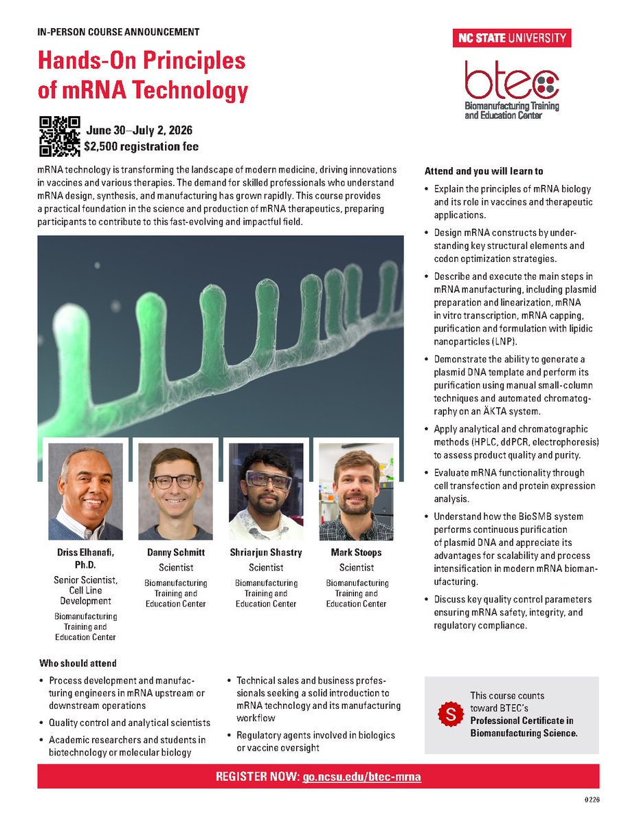 NCStateBTEC's tweet photo. Interested in learning about the science and production of mRNA therapeutics❓BTEC has a new professional development course, Hands-On Principles of mRNA Technology, on June 30-July 2❗️

➡️Learn more about this training course on our website at https://t.co/Xyn2uBTxTs https://t.co/zDENnJWnMQ