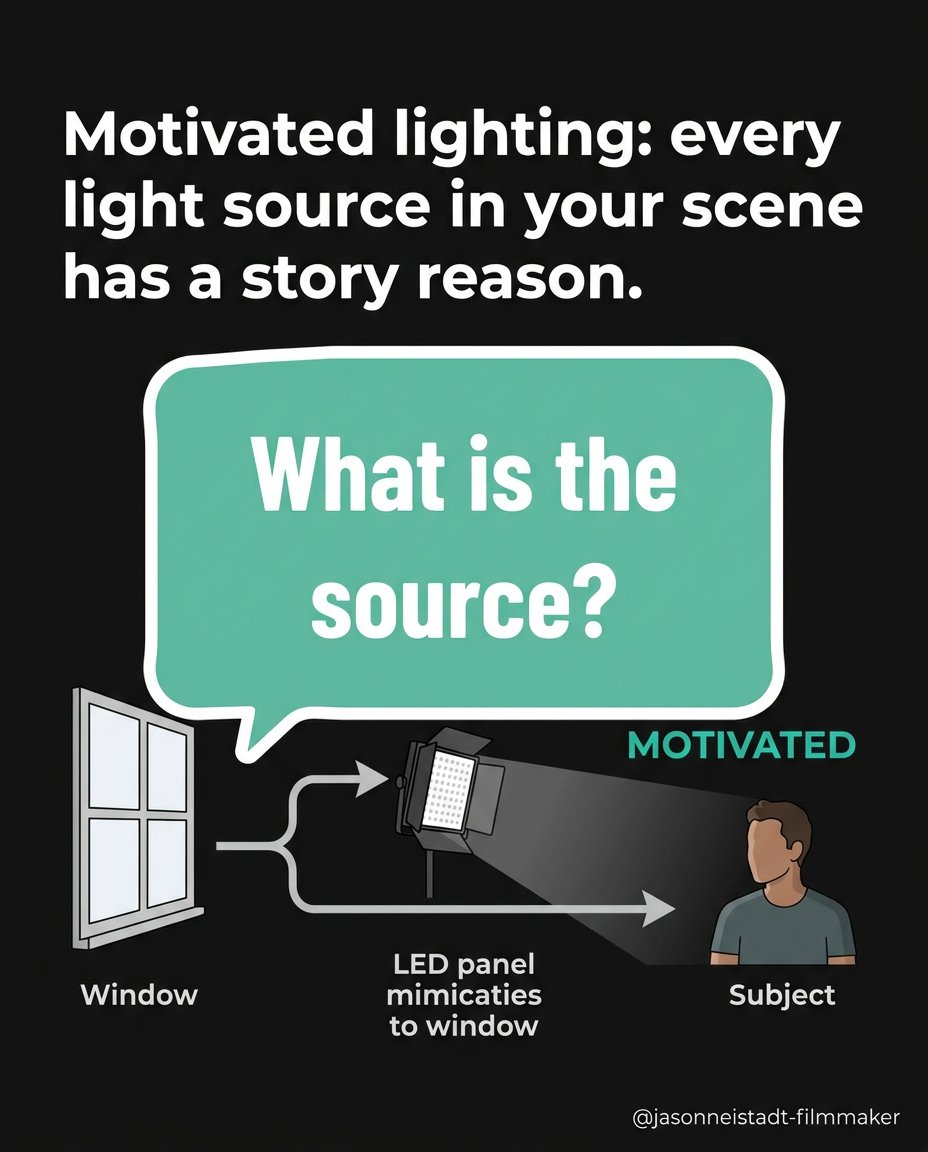 jasonneistadt's tweet photo. Your lighting looks fake because it has no reason to exist.

Every light should pretend to be something real — a window, a lamp, a screen.

One question: "What's the source?" If you can't answer it, the light doesn't belong.

#filmmaking #lightingtips https://t.co/zYmTBOug9F