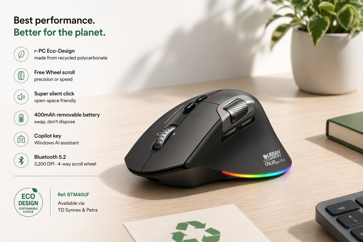 UrbanFactoryWW's tweet photo. What if your best-performing mouse
was also your most sustainable one?
 
Urban Factory ONLEE PRO+:
r-PC eco-design · Free Wheel · Copilot key · silent click.
 
No compromise. 🌿
 
#EcoFriendly #ITAccessories #UrbanFactoryIntl https://t.co/pKrTjX192Q