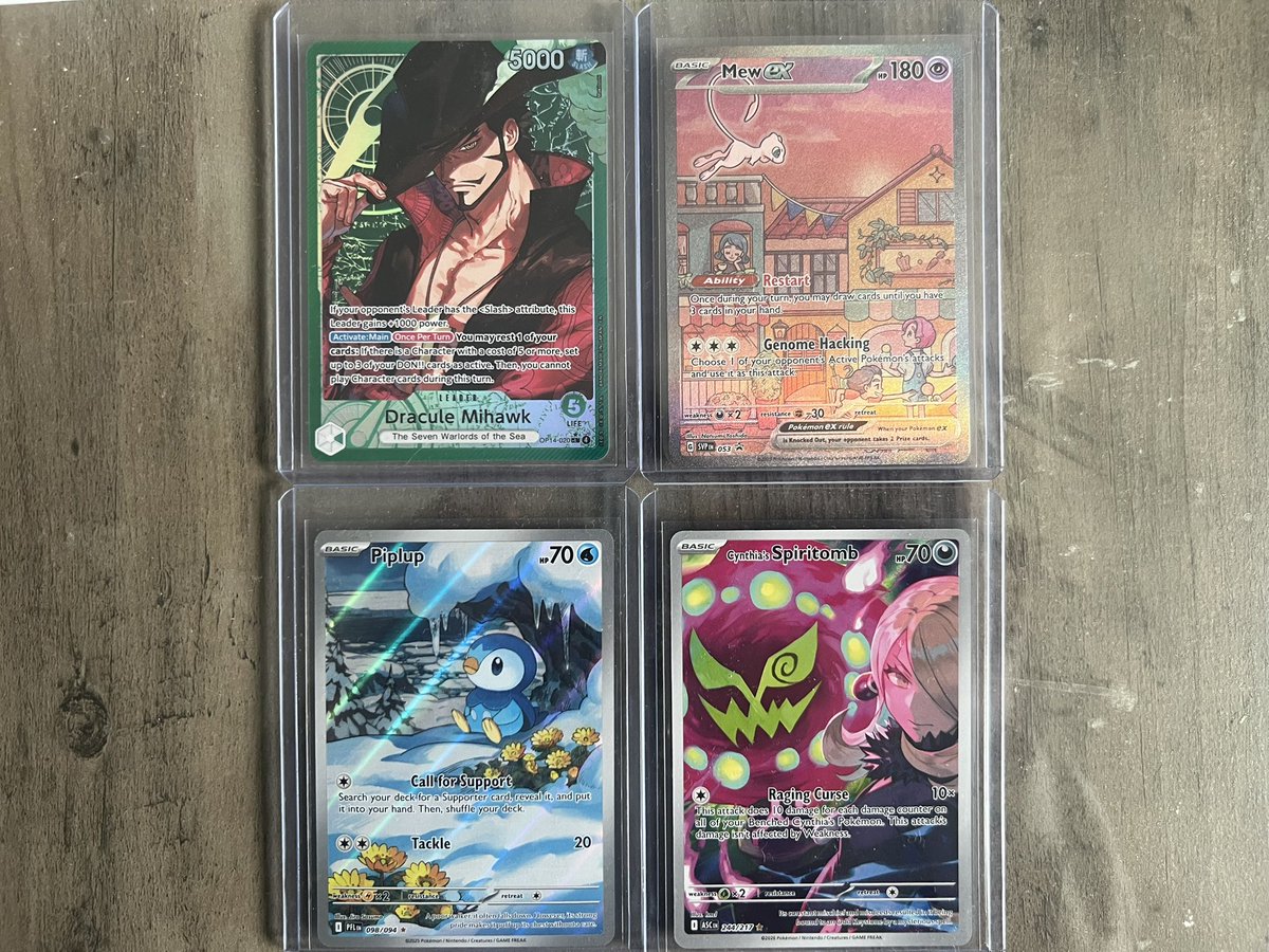 jvuTCG's tweet photo. @ArnoldMoger Prices shipped 

mihawk - $33
mew - $90
piplup - $23
spiritomb - $20 https://t.co/LVukPipuP4
