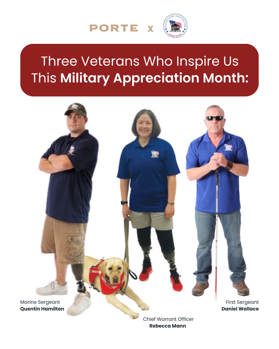 JoinPorte's tweet photo. These are three Veterans you need to meet this Military Appreciation Month! Learn more about our partnership with @HomesForOurTrps: https://t.co/7acSTOnVsx. https://t.co/oFricV4ZRw