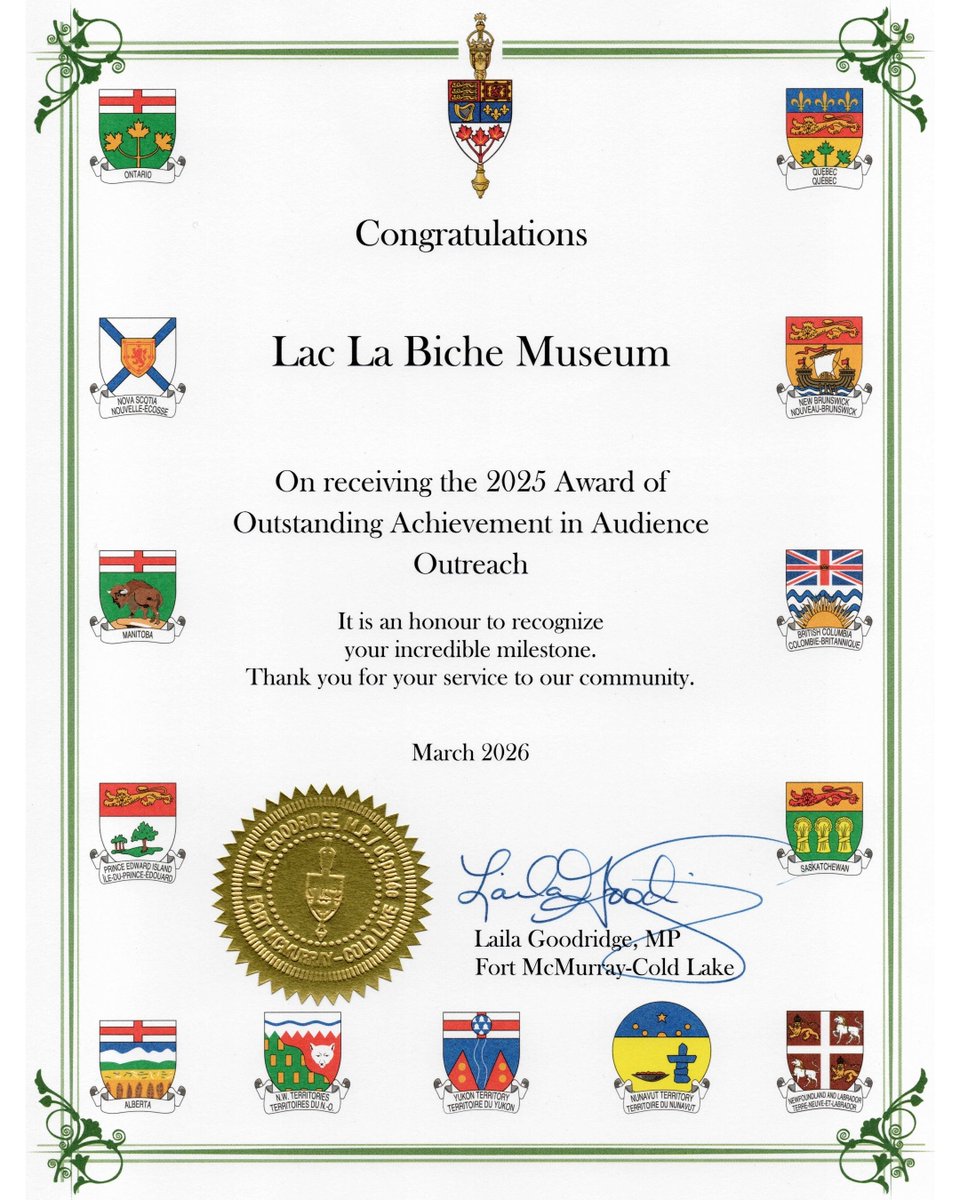 LLB_Museum's tweet photo. We are deeply honoured to receive a letter from MP @LailaGoodridge recognizing the Lac La Biche Museum’s receipt of the 2025 Award from the Canadian Museums Association.
Ms. Goodridge, if your travels bring you to Lac La Biche, we would be delighted to welcome you to the museum. https://t.co/jqiLMTMgNa