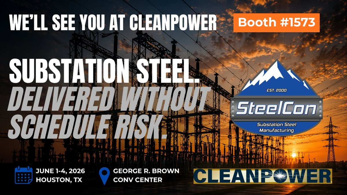 SteelconHV's tweet photo. Substation steel delivered without schedule risk.

SteelCon will be at CLEANPOWER 2026 in Houston, June 1–4.

Visit Booth #1573 to meet the team and learn how we support critical infrastructure projects across the country.

#CLEANPOWER26 #GridInfrastructure #Substation https://t.co/9UN0H1yUca