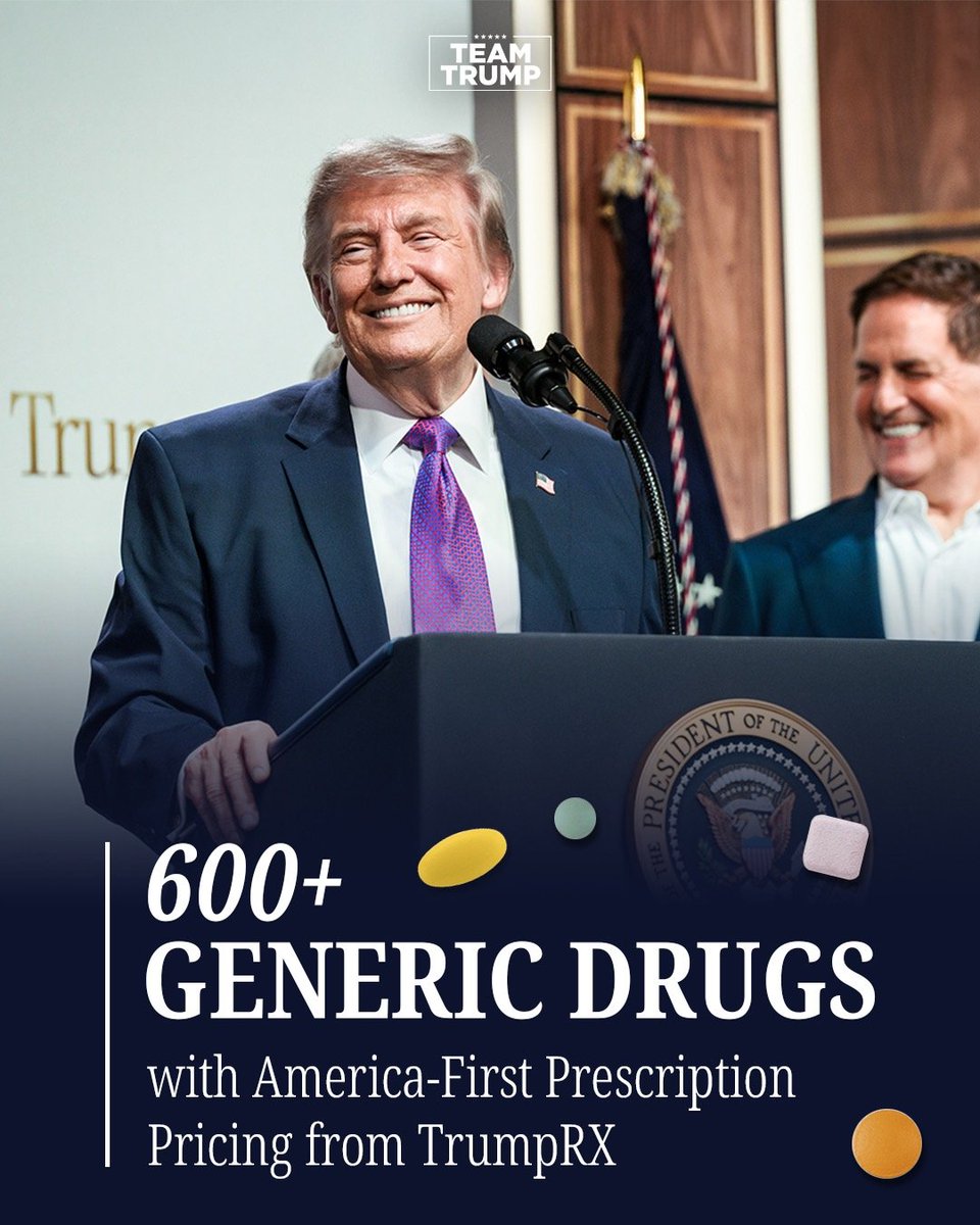 TrumpWarRoom's tweet photo. https://t.co/j4KkcZGAWD is providing much needed savings on pharmaceuticals to Americans.

As of this month, over 600 generic drugs are available at most-favored-nation pricing. 💸 https://t.co/ywfBcODZkE