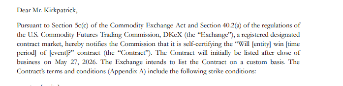 PredMP's tweet photo. According to the filings, these contracts could be live as early as tomorrow (May 27, 2026) https://t.co/Q5lK7czo9w
