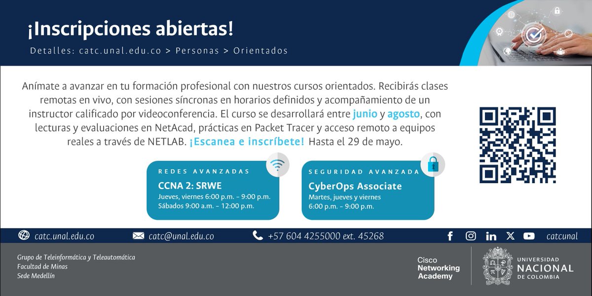 catcunal's tweet photo. Inscripciones abiertas para nuestros cursos orientados Cisco Networking Academy.

Continúa tu ruta profesional en redes y ciberseguridad con CCNA 2: SRWE y CyberOps Associate. Clases remotas en vivo, prácticas y acceso a equipos reales.

#CCNA #CyberOps #Cisco #NetAcad https://t.co/s22S3rQ8wQ