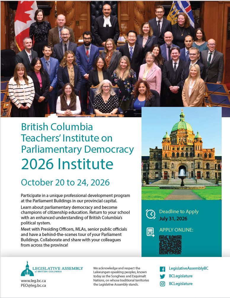 DonegalWilson's tweet photo. Applications are now open for the BC Teachers’ Institute on Parliamentary Democracy.

This four-day professional development opportunity at the BC Parliament Buildings helps teachers explore democracy, civic engagement, and parliamentary process.

Deadline to apply: July 31, 2026 https://t.co/p6unLIQBpi