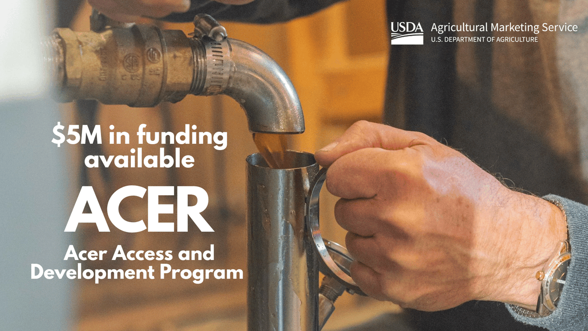 USDA_AMS's tweet photo. 🍁 $5M available for grants through USDA’s Acer Program to boost consumer awareness, support maple producers, and strengthen the maple syrup industry. Apply by June 22. https://t.co/jkOsEnhHYS https://t.co/sBVJLJAShM