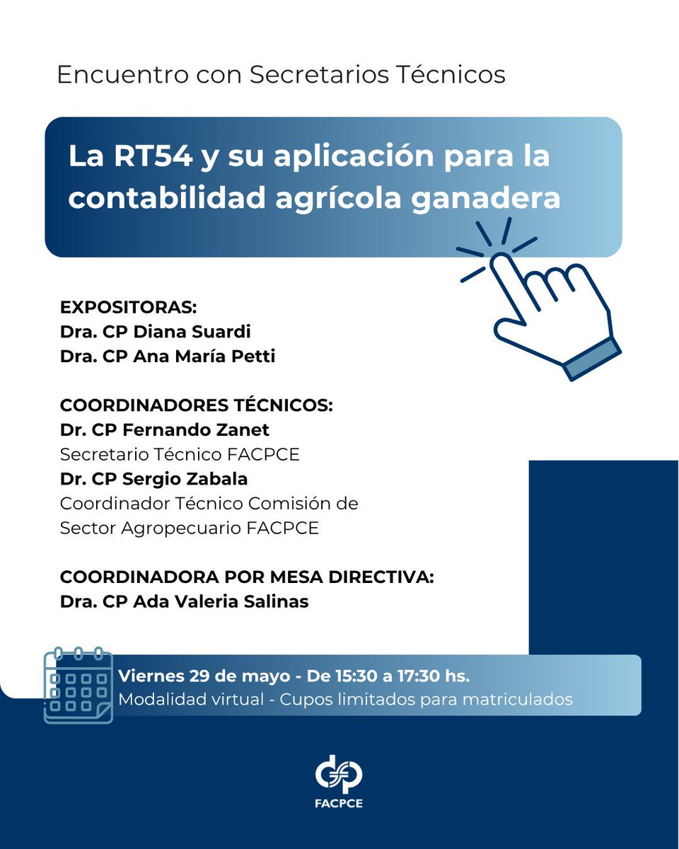 FacpceArgentina's tweet photo. 📊FACPCE invita a un nuevo encuentro técnico para abordar la aplicación de la RT54 en el ámbito agropecuario.

Un espacio de análisis y actualización para quienes trabajan con información contable del sector.

Cupos limitados para matriculados. Inscribite:
https://t.co/1pnfd5muAv https://t.co/x2zY5DDZ61