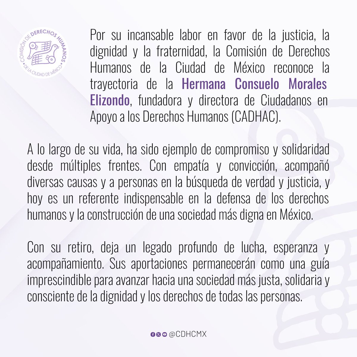 CDHCMX's tweet photo. Desde la #CDHCM reconocemos la trayectoria y legado de la Hermana Consuelo Morales Elizondo, fundadora de @cadhac. https://t.co/P9HfnRSXzl