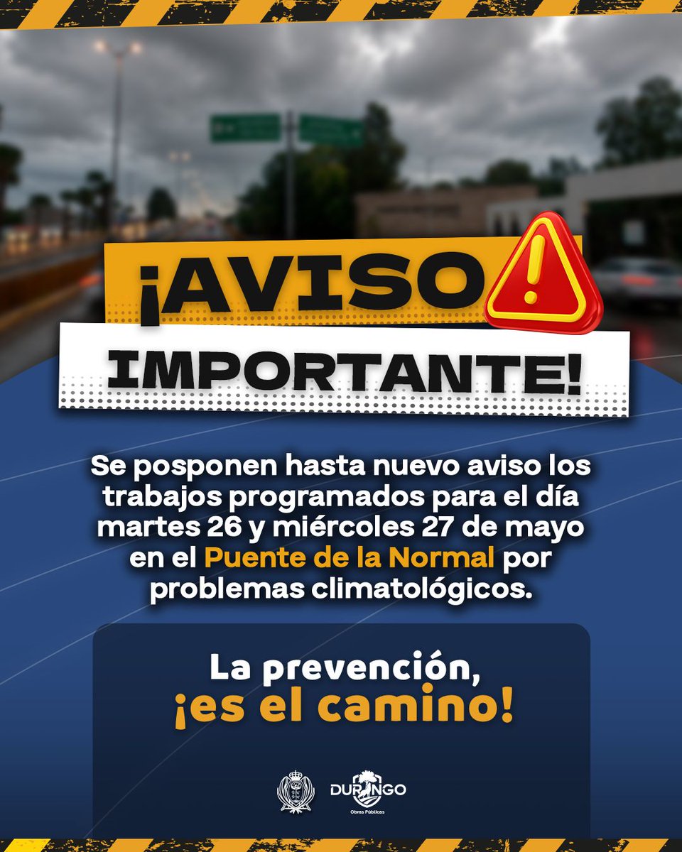 ObrasPublicasDG's tweet photo. 🚨Por motivos de las condiciones climatológicas, se posponen los trabajos de mantenimiento de la pavimentación del puente sobre la avenida de la Norma. Que estaban previstos para hoy martes 26 y miércoles 27 de mayo. https://t.co/kMpL4QSjRf