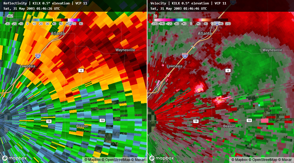 NickKrasz_Wx's tweet photo. This has got to be one of the coolest tornado evolutions I’ve ever seen on radar. On May 30, 2003, a strong cyclonic tornado developed near Lincoln, Illinois. Then, behind it, an anticyclonic tornado formed, cut off the original tornado, and continued on its own path. Really fascinating evolution.