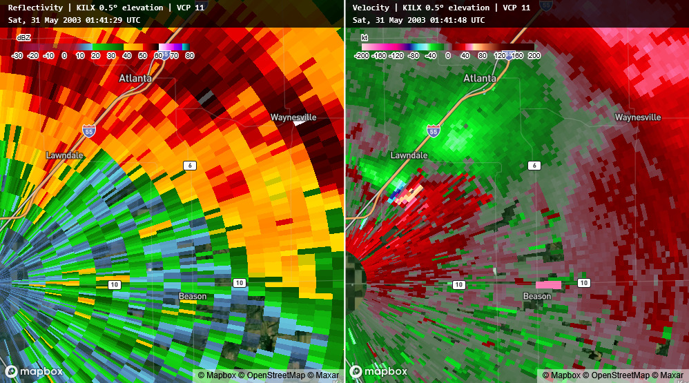 NickKrasz_Wx's tweet photo. This has got to be one of the coolest tornado evolutions I’ve ever seen on radar. On May 30, 2003, a strong cyclonic tornado developed near Lincoln, Illinois. Then, behind it, an anticyclonic tornado formed, cut off the original tornado, and continued on its own path. Really fascinating evolution.
