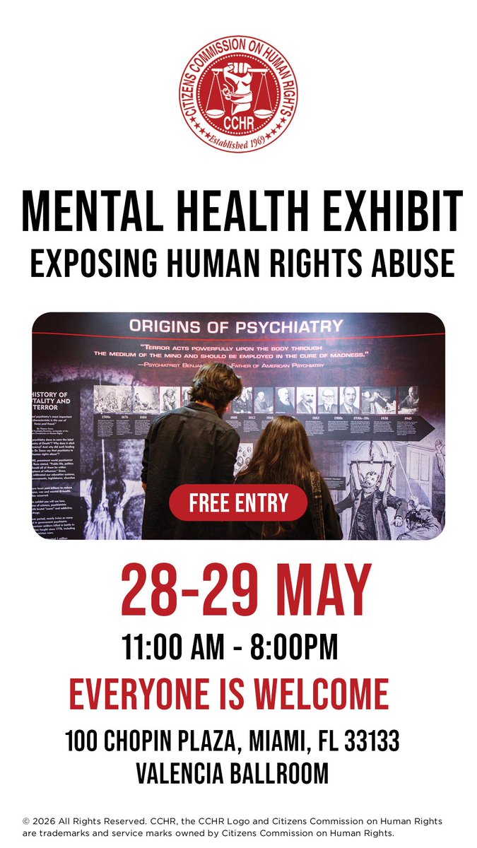 TheExposeReport's tweet photo. 🚨 BREAKING: The CCHR Mental Health Exhibit is coming to Miami — EXPOSING human rights abuse inside the mental health industry.

The conversations they told you NOT to have are FINALLY happening. 🔥

See you there. 👊🏻 https://t.co/bc06Ch4O4D