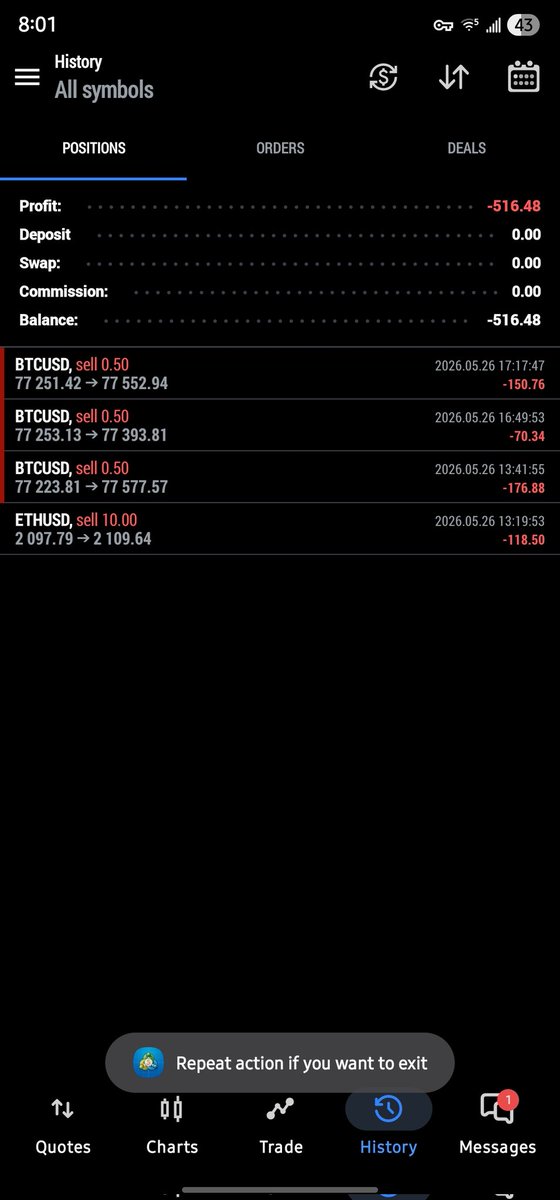 Liquiditytycoon's tweet photo. - $516 loss for the day on #BTCUSD &amp; #ETHUSD 

Na truth be told BTC played with my emotions today that I gat to question what I was seeing 3 times 🤣 https://t.co/mqgYRfkRkE