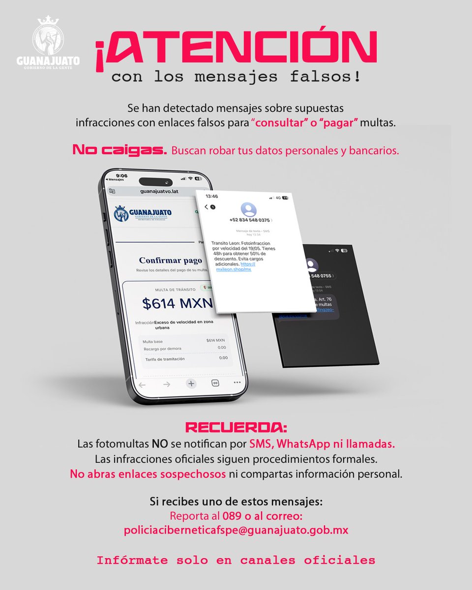 LibiaDennise's tweet photo. ⚠️ Mucho ojo con los mensajes falsos sobre supuestas fotomultas o infracciones.

Se han detectado números como:
🚫 834-603-0278
🚫 332-982-6982
🚫 334-181-9735
🚫 334-181-5261

🔗 No abras enlaces sospechosos ni compartas información personal o bancaria.

Si recibes uno de estos mensajes, repórtalo:
📞 089
✉️ policiaciberneticafspe@guanajuato.gob.mx