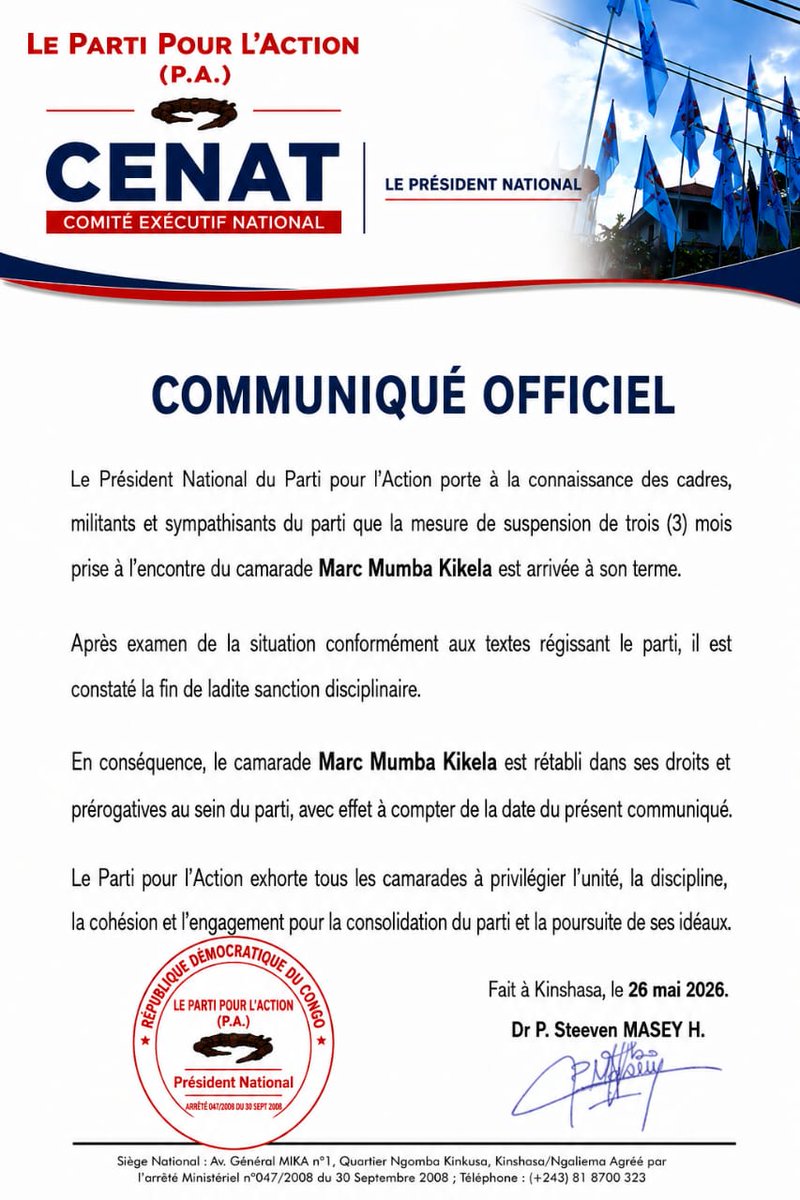 guideon_muzinga's tweet photo. Le communicateur Marc Kikela du Parti pour l’Action a été rétabli dans ses droits, sa suspension ayant pris fin.@SteevenMasey https://t.co/kCtMOvJdNQ