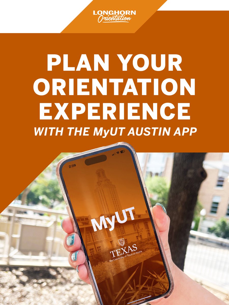 UTorientation's tweet photo. Attention, incoming Longhorns! 👀 

Make the most of your orientation by downloading the MyUT Austin app. The app makes it easy to plan your schedule, access important orientation information and get helpful tips all in one place. https://t.co/1FD87uziR0