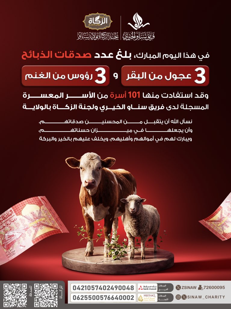 ZSinaw's tweet photo. في هذا اليوم المبارك..
بلغ عدد صدقات الذبائح بفضل الله:

🐄 3 عجول من البقر
🐑 3 رؤوس من الغنم

وقد استفادت منها 101 أسرة من الأسر المعسرة المسجلة لدى فريق سناو الخيري ولجنة الزكاة بولاية سناو 🤍

نسأل الله أن يتقبل من المحسنين صدقاتهم، وأن يجعلها في موازين حسناتهم. https://t.co/3VIYbMrxHx