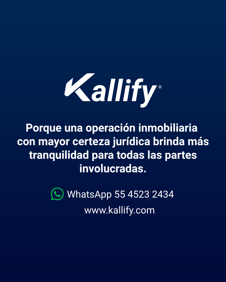 kallifymx's tweet photo. 🛡️🏡En #Kallify creemos que la seguridad jurídica debe formar parte de una operación inmobiliaria desde el inicio, no cuando ya existen riesgos, retrasos o pérdidas económicas.

Embargos, adeudos, inconsistencias en escrituras, copropiedades, sociedades conyugales o trámites sucesorios incompletos son situaciones que muchas veces se descubren  demasiado tarde  cuando ya se invirtió tiempo, dinero y esfuerzo en la operación.

✔️En Kallify trabajamos para cambiar eso a través de nuestra #dictaminaciónjurídica. 
Porque detrás de cada compraventa existe algo más importante que una propiedad, el patrimonio y la tranquilidad de las familias.

¿Quieres conocer cómo fortalecer la seguridad jurídica de tus operaciones inmobiliarias?

Contáctanos y descubre cómo Kallify puede ayudarte a prevenir riesgos desde el inicio.
💬 WhatsApp 55 4523 2434
🌐 https://t.co/BR8HOODPyv