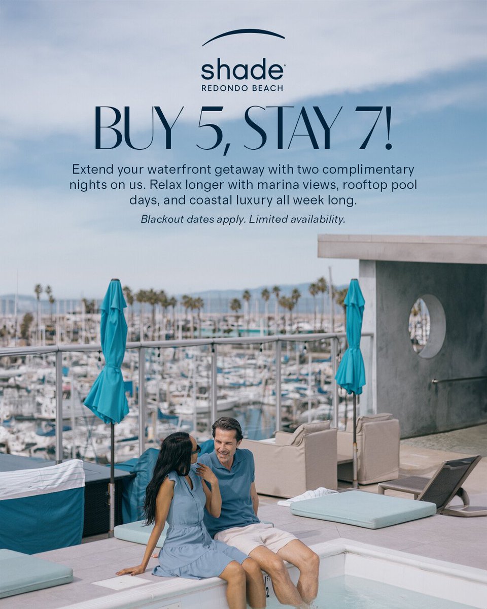 shadehotelrb's tweet photo. Stay 5 nights and enjoy 2 nights on us!

Relax at Shade for a long vacation by the water with marina views, rooftop pool days, and coastal luxury living all week long.

Available to book on https://t.co/pM2FYBe3da https://t.co/bg1tyKBWUP
