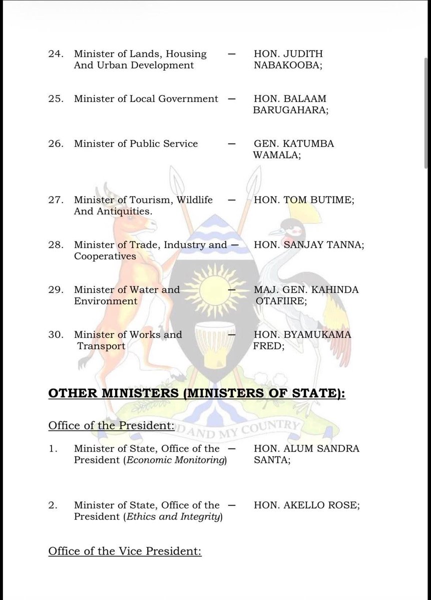 Numbersuganda's tweet photo. BREAKING: President Yoweri Kaguta Museveni has released the list of persons proposed for appointment to Cabinet for the 2026–2031 term. https://t.co/Qq38CefvnH