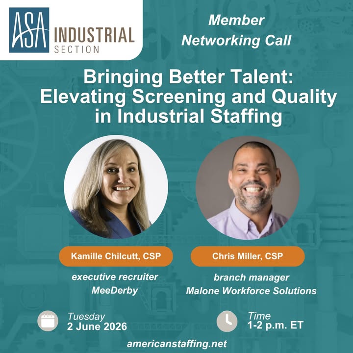 StaffingTweets's tweet photo. On Jun 2, at 1PM, ASA's Industrial Section will host an exclusive networking call for ASA members to learn how to adjust interview methods, train their teams, and set expectations with clients among competition. Learn more and register at https://t.co/5Cc7in91QP https://t.co/6aVnY19IZJ