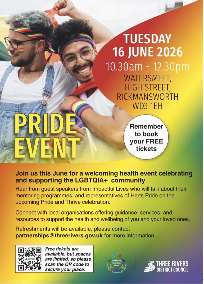 HertsPRIDE's tweet photo. 🏳️‍🌈 Join us at the Pride Health Event in Rickmansworth!

Herts Pride will be there promoting #HertsPride2026 and #PrideAndThrive alongside local health &amp; wellbeing organisations supporting the LGBTQIA+ community 💜

🎟️ FREE tickets — scan the QR code on the poster to book! https://t.co/5gwgv7cn12