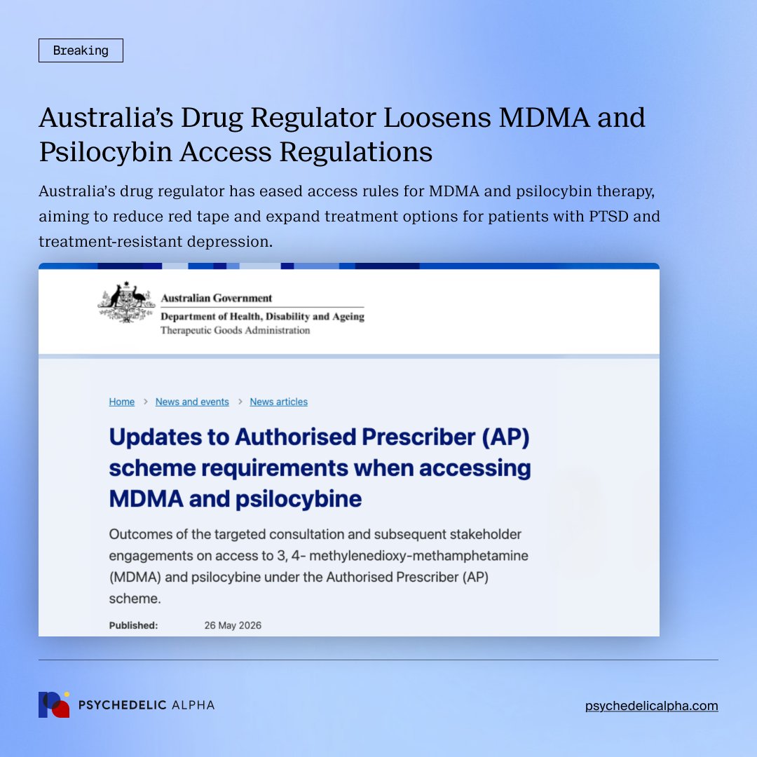 Psyched_Alpha's tweet photo. Australia’s Drug Regulator Loosens MDMA and Psilocybin Access Regulations

Australia’s drug regulator has eased access rules for MDMA and psilocybin therapy, aiming to reduce red tape and expand treatment options for patients with PTSD and treatment-resistant depression. https://t.co/1R6PQfzYyV