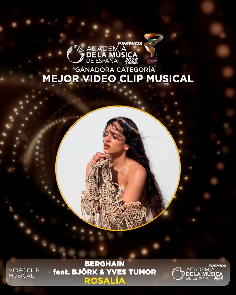 academusica's tweet photo. Ya conocemos a los ganadores/as de la III Edición de los Premios de la Academia de la Música de España

MEJOR DISEÑO DE ÁLBUM
“Gigante (Caja madera CD)”
#BoaMistura @Leiva_Oficial

MEJOR VIDEO CLIP MUSICAL
“Berghain feat. Björk &amp; Yves Tumor”
#Rosalia

Enhorabuena! https://t.co/5tm1p8Sgkb