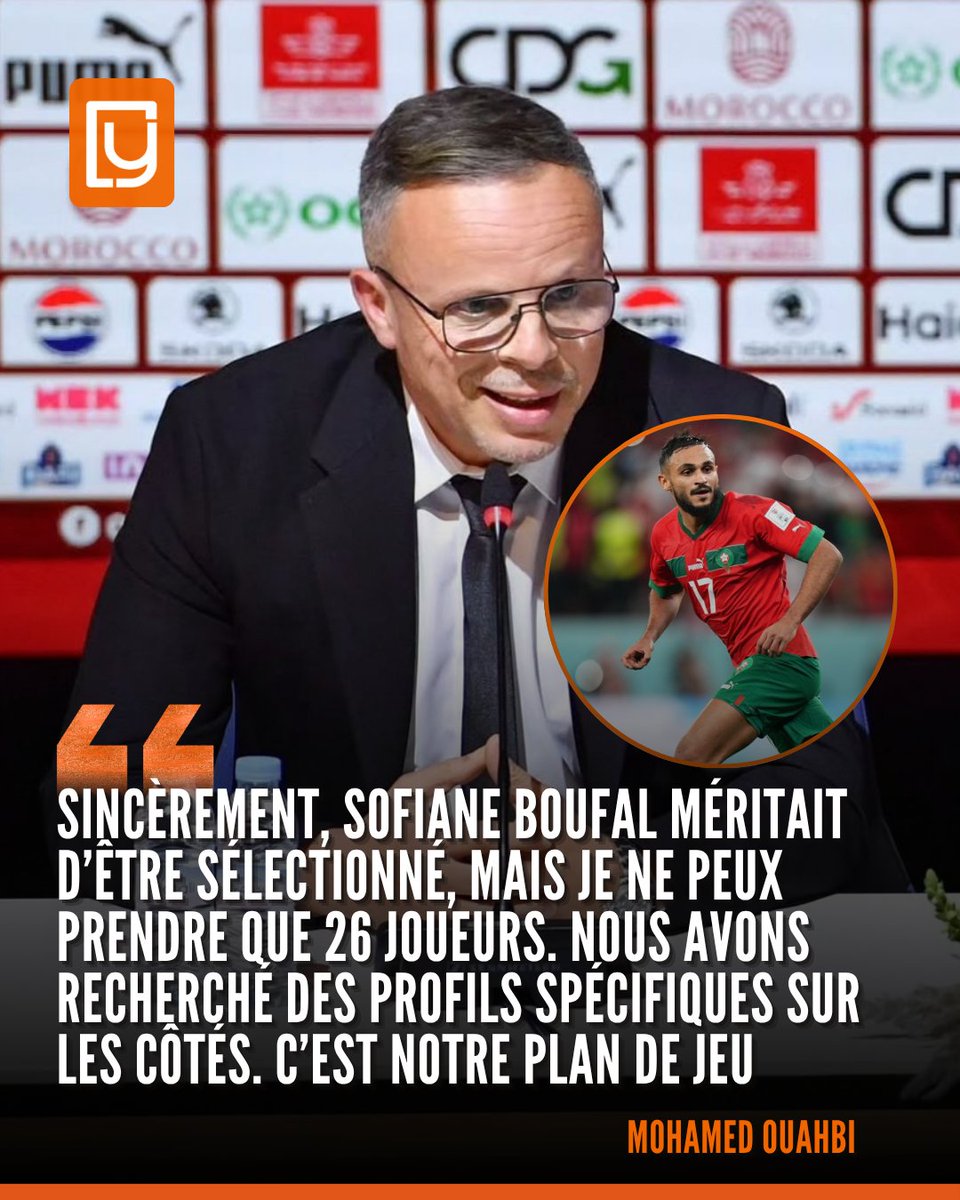 yabiladi_fr's tweet photo. 🎙️ Mohamed Ouahbi justifie la non-sélection de Boufal
« Sincèrement, Sofiane Boufal méritait d’être sélectionné, mais je ne peux prendre que 26 joueurs. Nous avons recherché des profils spécifiques sur les côtés. C’est notre plan de jeu. »
#MohamedOuahbi #Boufal #Dimamaghrib https://t.co/Zjsvrsg8bp