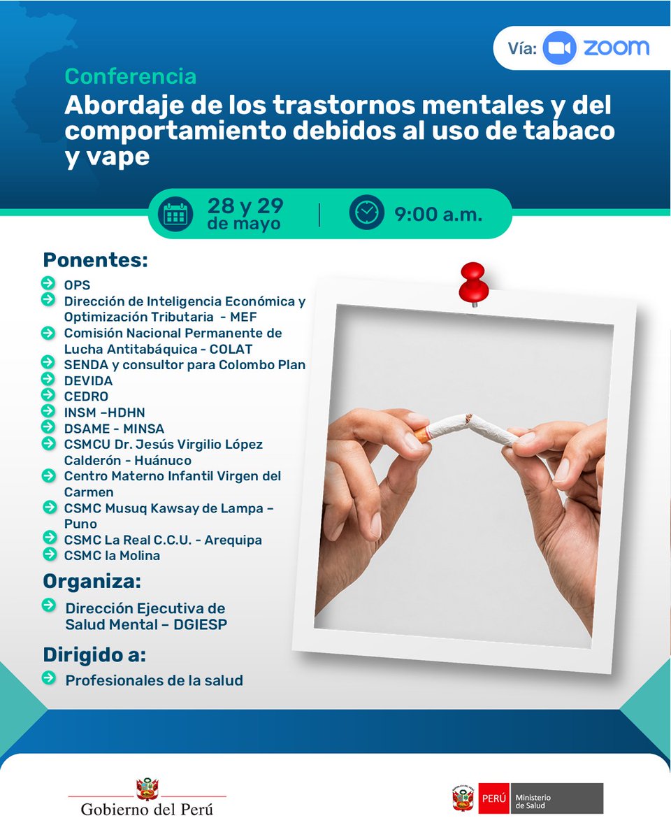 ColatAntitabaco's tweet photo. ¡Atención profesionales de la salud! 🚭 Con motivo del #DíaMundialSinTabaco, COLAT participará en la conferencia virtual organizado por el Ministerio de Salud del Perú @Minsa_Peru "Abordaje de los trastornos mentales y del comportamiento debidos al uso de tabaco y vape"

🚻 Presentaciones de COLAT:    
🗓️ Jueves 28 | 10:00 am: Afectación de la salud por el consumo de tabaco y vape en el Perú - Mg. Abel Limache @abeligar
🗓️ Viernes 29 | 10:20 am: Regulación y políticas para la cesación del consumo del vape y el tabaco - Dra. Flavia Radovic @FlaviaRadovic

💻 Enlace de Zoom:
• Día 1 - 28 de mayo https://t.co/n0K6DFEFHI
• Día 2 - 29 de mayo https://t.co/pxGHbsHJ0c