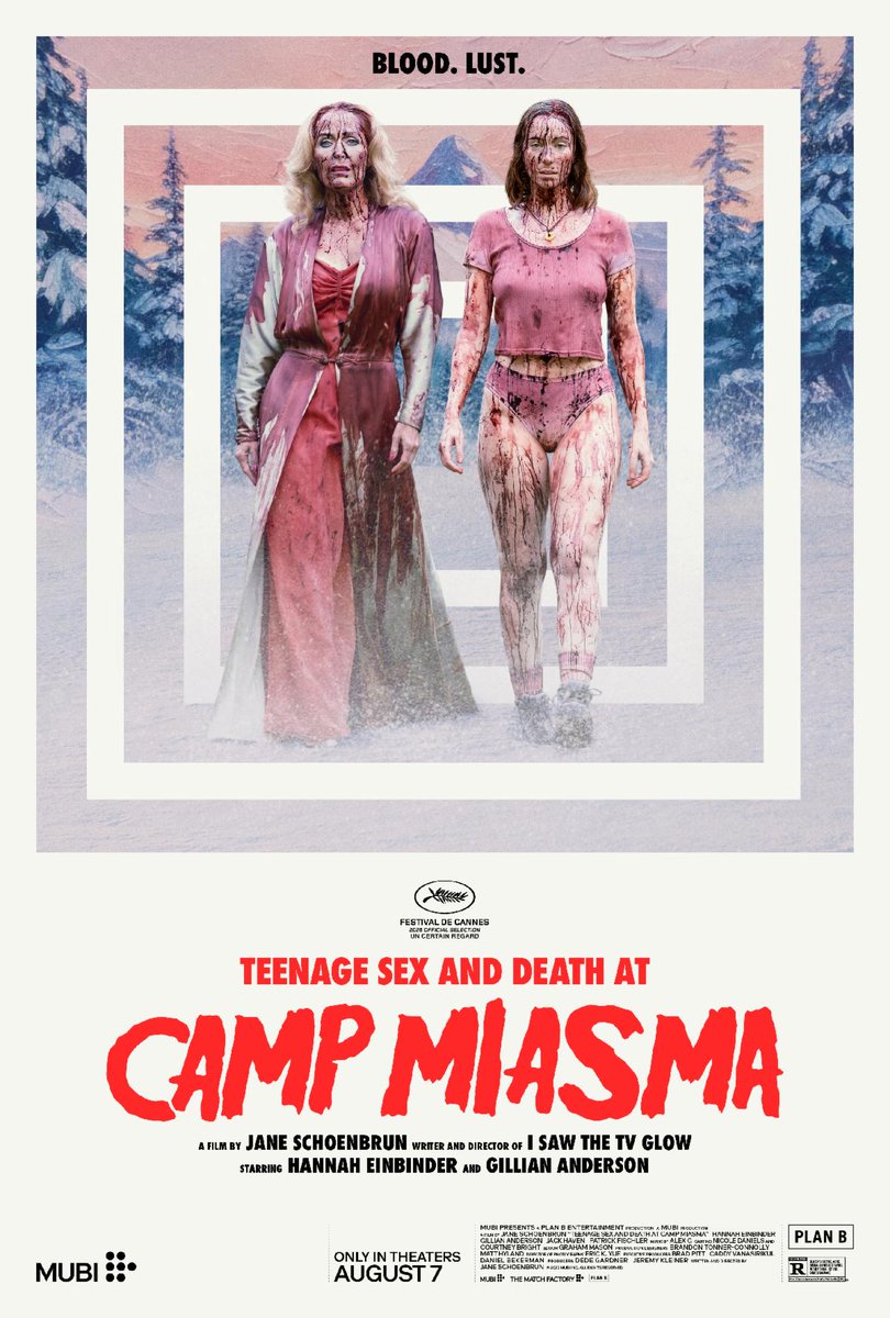 BDisgusting's tweet photo. Brand new official poster for Jane Schoenbrun's TEENAGE SEX AND DEATH AT CAMP MIASMA.

Official trailer tomorrow.

Hannah Einbinder &amp; Gillian Anderson star.

Source: @letterboxd https://t.co/5RNYXckFOs