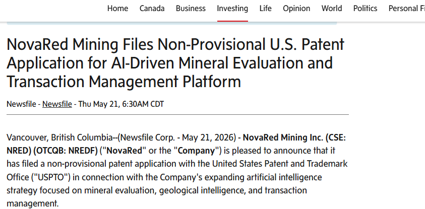 saaksyam's tweet photo. BEST WAY TO EVALUATE LAND FOR MINING OR MINERAL EXPLORATION

What really changed my perspective on NovaRed Mining Inc CSE: $NRED is realizing how difficult mineral evaluation actually is
NRED already controls 39,726 acres in British Columbia with confirmed 1.670% Cu peak samples, 1,125 ppm Cu anomalies and targets extending to 4,921 ft depth near Copper Mountain Mine

Most people think you can just “look at land” and know whether it has value underground

In reality geologists usually need to study:

→ mineral rights ownership
→ geological survey maps
→ historical drilling
→ geophysical anomalies
→ nearby mines and claims
→ infrastructure and access

That’s why MetalCore and Patent №19/680,101 keep standing out to me
NovaRed Mining is building AI-assisted land intelligence designed to combine geology, geochemistry and historical exploration data into one screening workflow

If future copper demand from AI infrastructure and electrification keeps accelerating globally, I honestly think systems helping identify mineral-rich land faster could become increasingly valuable

My valuation range for NovaRed Mining stays around C$6.30–6.90

Not advice, just reading the setup

$SLS $CAVA $JUNS