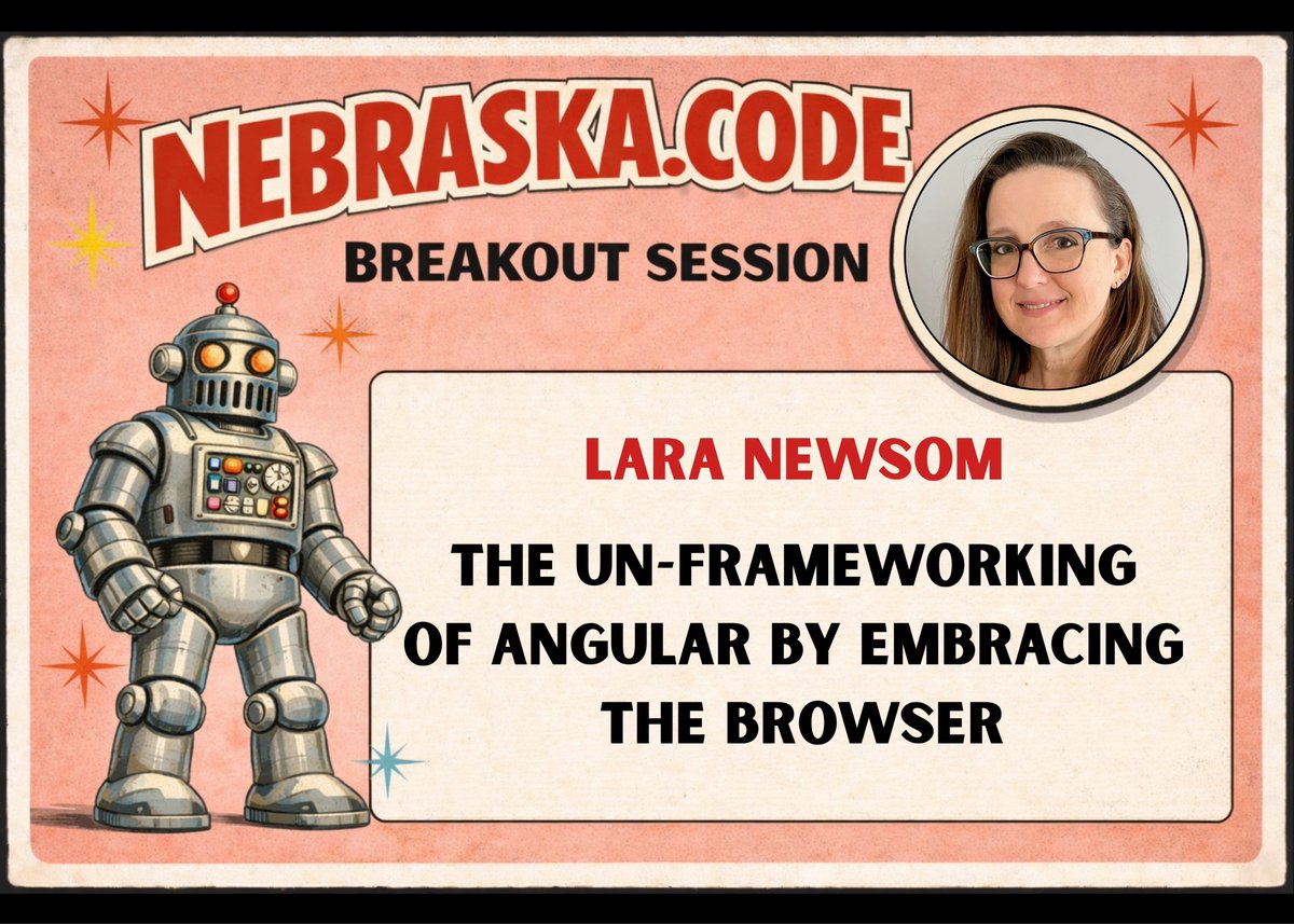 amegala's tweet photo. @LaraNerdsom presents 'The Un-Frameworking of Angular by Embracing the Browser' this July at Nebraska.Code().
https://t.co/bkqikbHxXW
#Angular #WebPlatform #ZonelessArchitecture #APIs #FrontEnd #WomenInTech @AngularGirls @unocist @MISO_energy @launchcode @dsmtestclub @UnionPacific @ChenegaCorpEHF @BassProShops