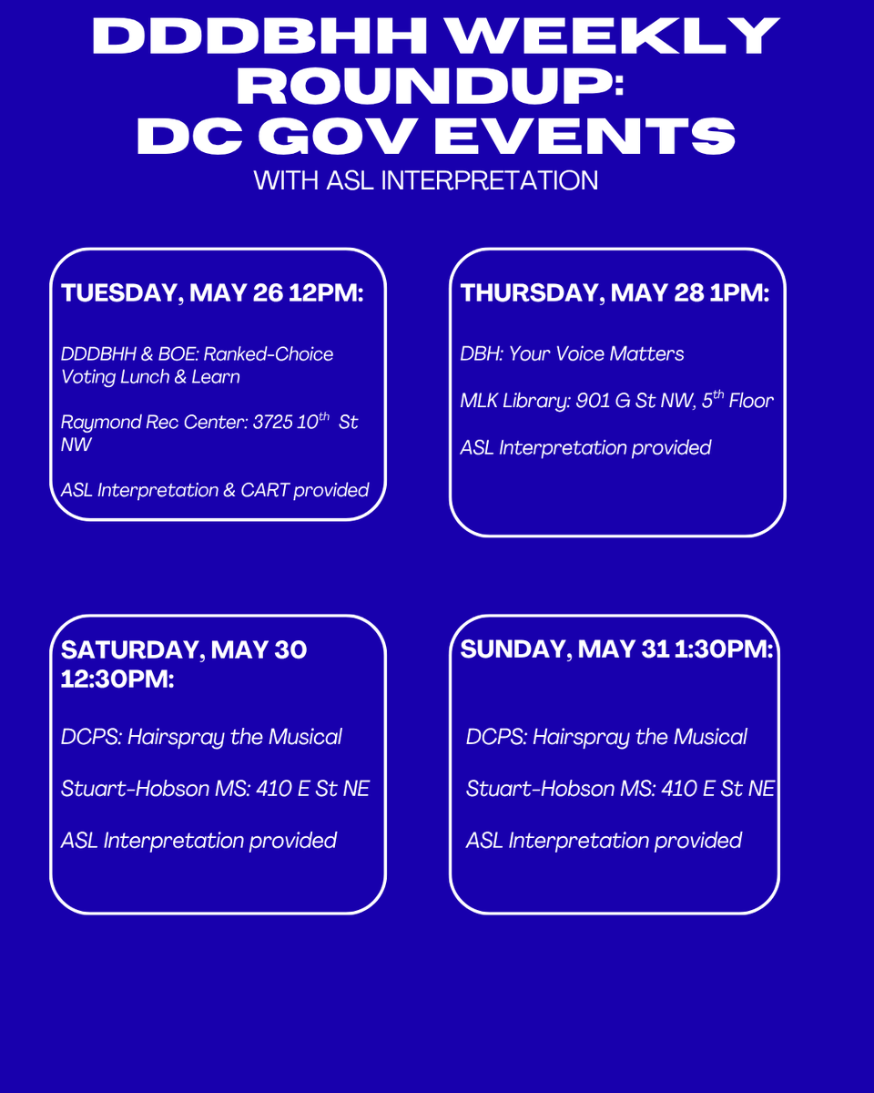 DCDDDBHH's tweet photo. Check out this week’s lineup of ASL interpreted events. Explore what’s happening, spread the word, and plan your visit! https://t.co/xUKbuQtj1O