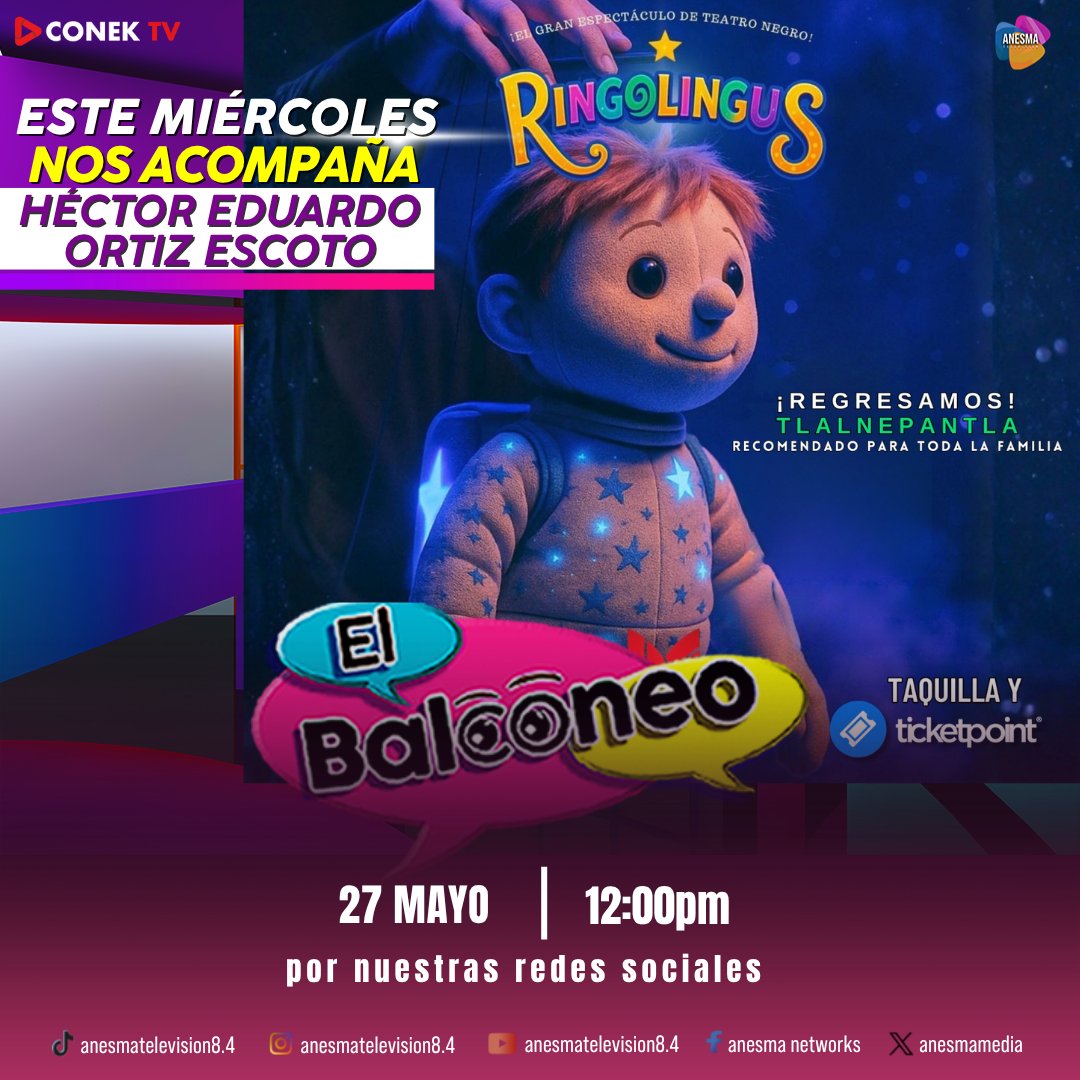 AnesmaMedia's tweet photo. Hoy nos acompaña Héctor Eduardo Ortiz Escoto de #RINGOLINGUS, un espectáculo lleno de diversión, imaginación y el fascinante arte del teatro negro. 🌟🖤
🗓️ HOY
🕛 12:00 PM
📲 Por https://t.co/hFjWki3b8e
#ElBalconeo #AnesmaTV #Teatro #Tlalnepantla #Cultura #Show #EnVivo #ConekTV https://t.co/oZmQ8pLfZE