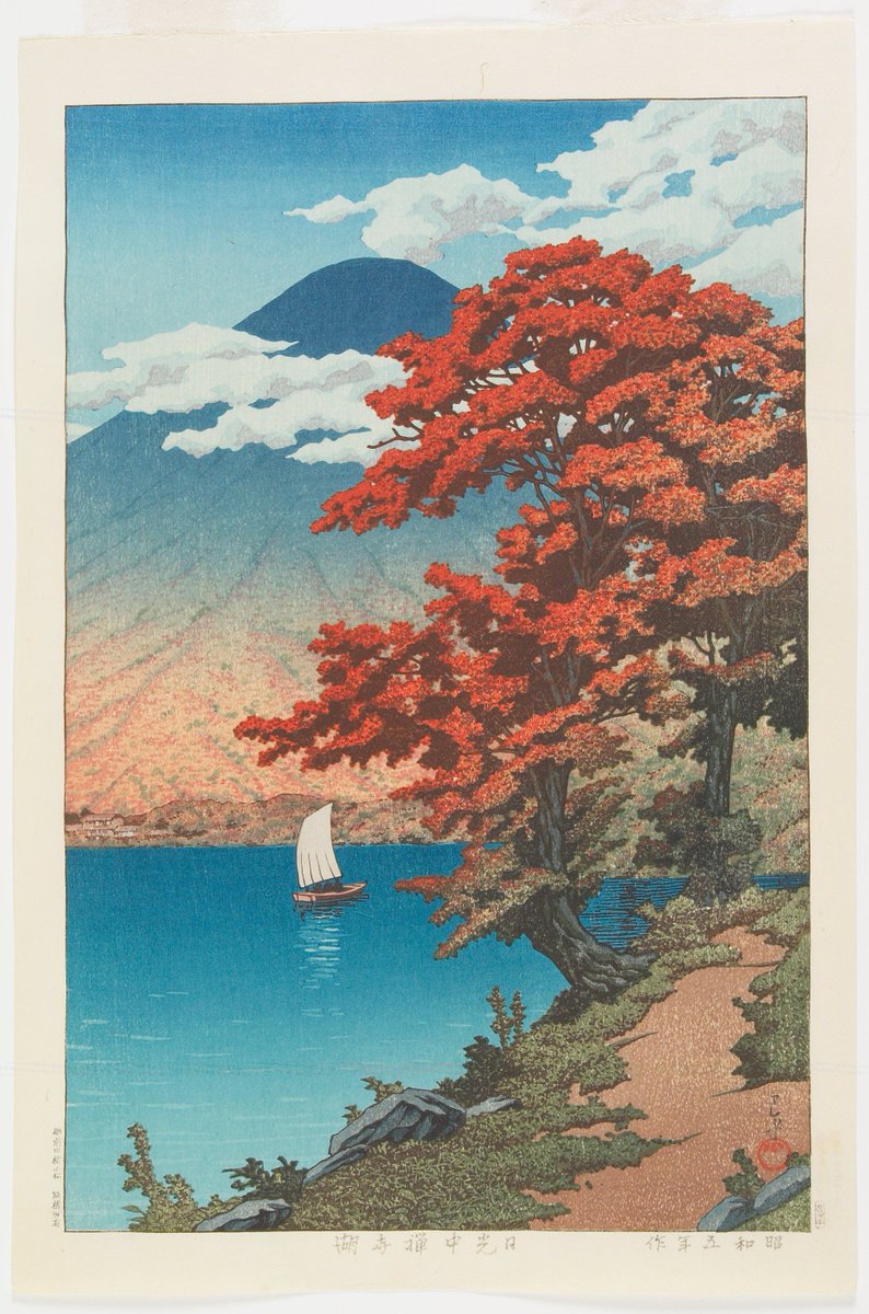 JapanTraCul's tweet photo. Lake Chuzenji at Nikko, by Kawase Hasui, 1930 https://t.co/s8ebSgR48s