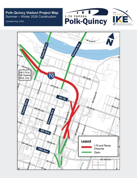 TopekaMetroKDOT's tweet photo. Starting Monday, June 8, all lanes of I-70 between Topeka Blvd and 8th Ave are scheduled to close until December. More info about the closure and upcoming work can be found here: https://t.co/bVxKPyLjZy https://t.co/cBfkbeRNOu
