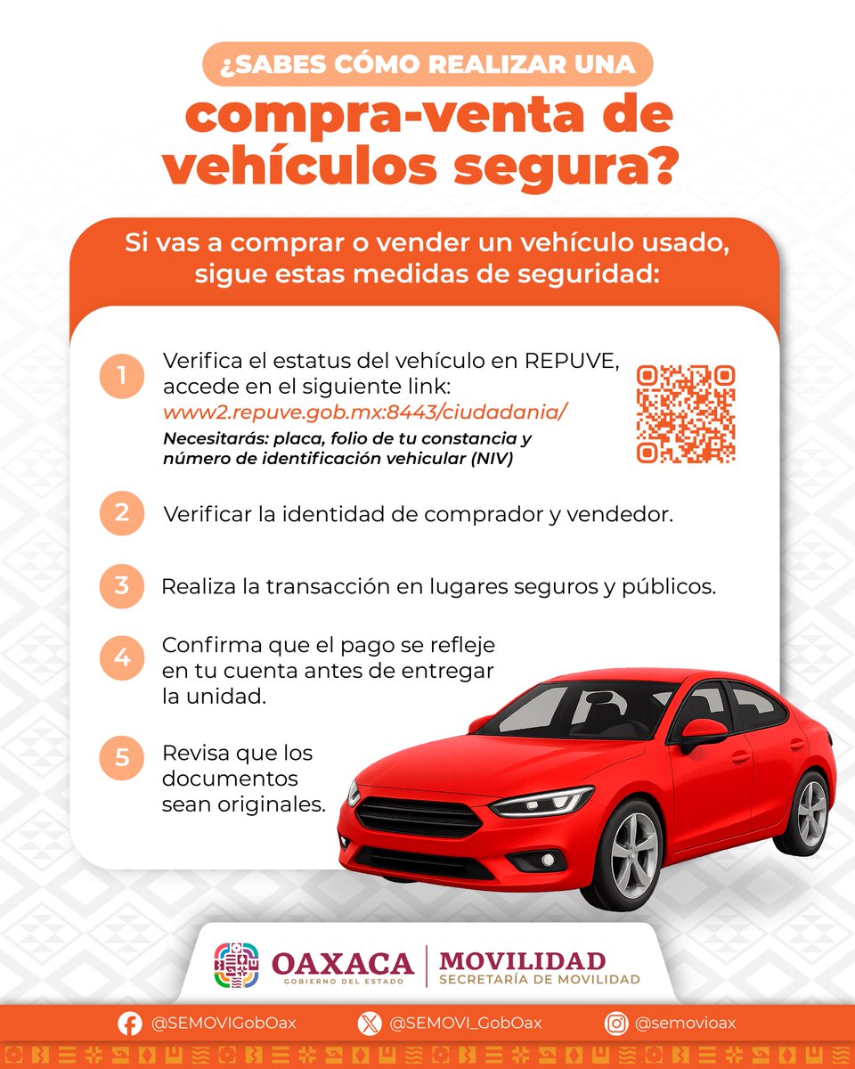 SEMOVI_GobOax's tweet photo. 🚘🔒Comprar o vender un vehículo también es cuidar tu seguridad.
Antes de realizar una compra-venta, verifica la información de la unidad y asegúrate de que toda la documentación sea original. 
Conoce estas recomendaciones y realiza una transacción segura.
#MovilidadQueTransforma https://t.co/XLg1qF7Zjk