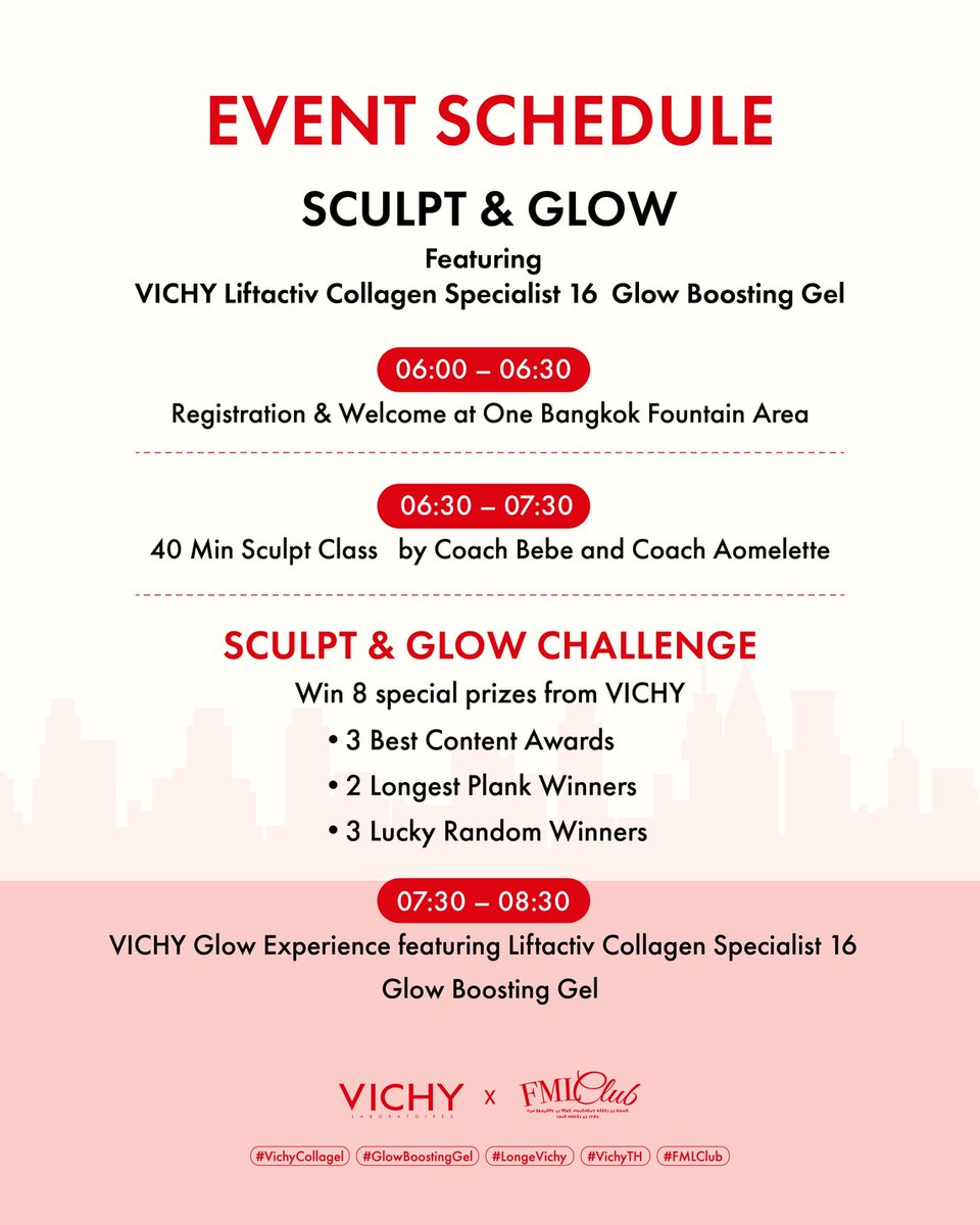 VichyTH's tweet photo. LONGEVICHY is BACK!❤️ 
มาเจอกันที่งาน SCULPT & GLOW กับ Vichy Collagel x FML Club💪🏻 
พร้อมคลาส sculpt ใจกลางเมือง นำโดย Instructor Bebe และ Aomelette พร้อมรับ Sampling Set และลุ้นรับ Collagel ไซส์จริง! จาก Vichy 

📝Register via QR code 
📍One Bangkok (Fountain Area) 
⏰SAT, 30 MAY 2026 (6:00 – 8:00 AM) 
🕶️ Dress code: RED / WHITE แล้วอย่าลืมพก mat ของตัวเองมาด้วยน้า🫶🏻 

ไว้เรามาร่วมสนุกและพิสูจน์ความโกลว์ไปพร้อมกัน!✨ 

**จำกัดจำนวนที่ 350 ท่าน 
#VichyCollagel #GlowBoostingGel #LongeVichy #VichyTH #FMLClub