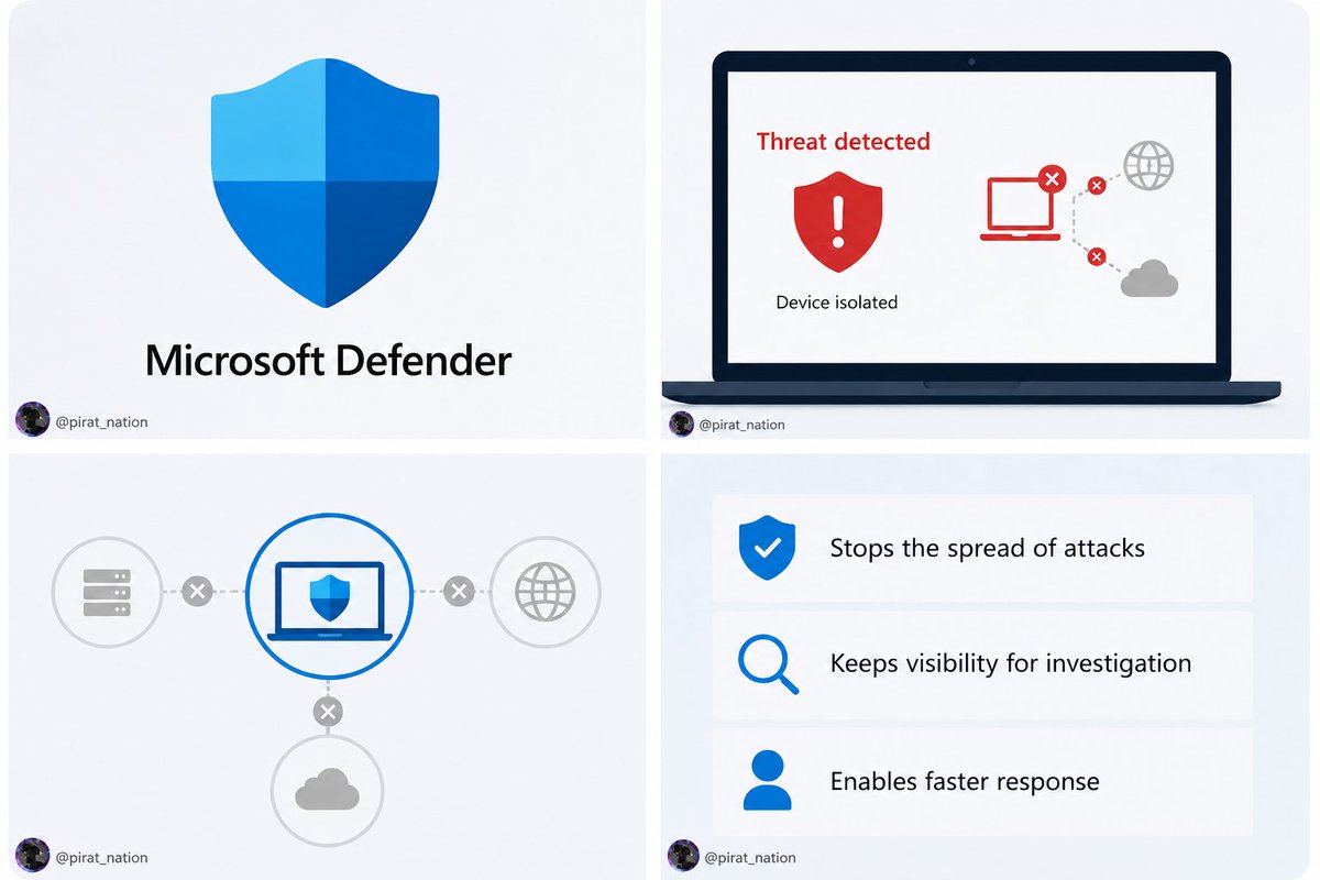 Pirat_Nation's tweet photo. Microsoft Defender can now automatically isolate compromised devices during a cyberattack, helping security teams stop threats faster without manual intervention.

If Defender detects a compromised device, it cuts the device off from the network automatically while still allowing remote investigation and remediation. 
This prevents attackers from spreading across the network, stealing data, or deploying ransomware.

The new feature is part of Microsoft’s focus on automated threat response in Defender XDR. 

Security tools now take real-time action beyond detection and alerts to limit damage:

>Automatically isolates compromised devices
>Helps stop ransomware and lateral movement
>Security teams retain remote access for investigation
>Currently available as a preview in Microsoft Defender for Endpoint