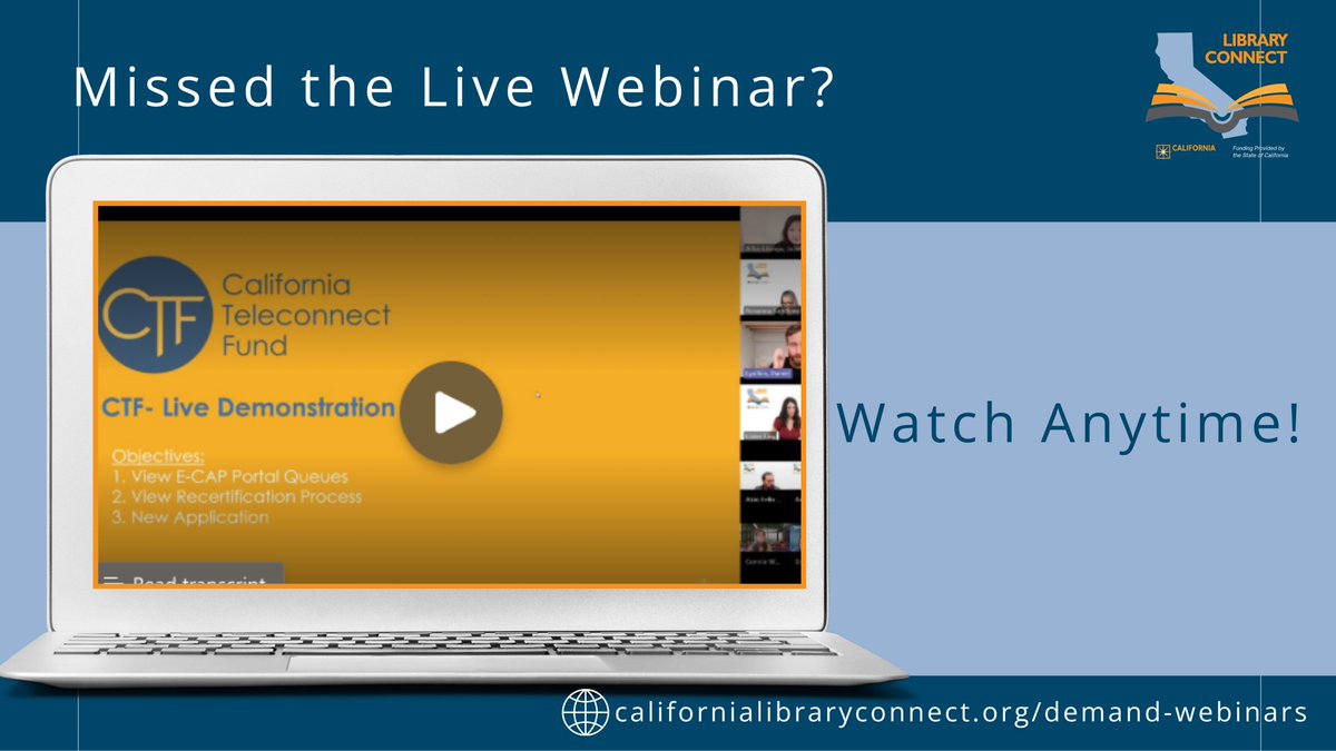 ca_libryconnect's tweet photo. 🎥 Our webinar is now ON-DEMAND! Learn about CTF Recertification &amp; the eCap Portal for Libraries. Watch anytime: https://t.co/tfnbhDEAUd https://t.co/EdXWCBrvpS