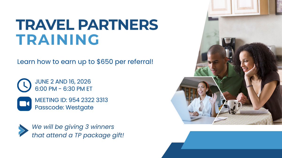 WTravelPartners's tweet photo. Don’t miss our LIVE Travel Partner Zoom trainings! Join us on Tuesdays, 6/2 and 6/16 at 6:00 p.m. ET to learn tips and ways to grow your referrals.

📍 Zoom ID: 954 2322 3313
🔑 Passcode: Westgate
🔗 Join here: https://t.co/YalmNVbbDf https://t.co/nQaObQ1psn