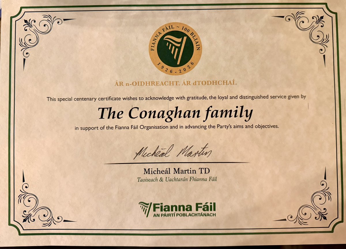 HughConaghan's tweet photo. I was honoured this evening to accept a certificate from An Taoiseach in recognition of the contribution of the Conaghan family to Fianna Fáil over its 100 year history. Thanks to Shane Moynihan TD , Minister Jennifer Murnane O’Connor and Carlow CDC for a wonderful ceremony https://t.co/Bo1G8UToVN