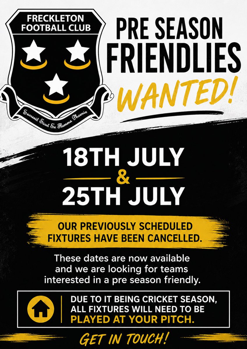FreckletonFC_'s tweet photo. ⚽ PRE SEASON FRIENDLIES WANTED ⚽

📅 18th July
📅 25th July

Unfortunately, our previously scheduled fixtures on these dates have been cancelled, meaning these dates are now available.

Due to it being cricket season, any games arranged will need to be played at your pitch. https://t.co/DEyEPoYRvR