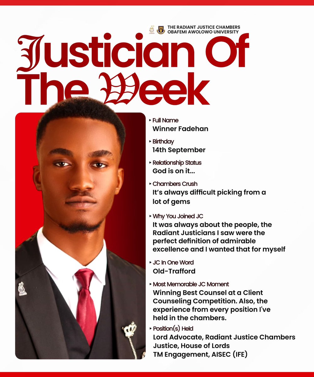 JusticeOau's tweet photo. Meet our Justician of the week, Winner Fadehan.⭐️

Built different. Leading different. 
When excellence is the standard, this is what it looks like. JC is proud!🤍 https://t.co/uVpexgiLHD