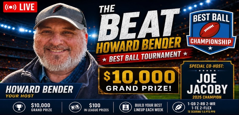 rotobuzzguy's tweet photo. 🚨Wednesday (5/27) at 9pm ET on @RTFSnews🚨
It's the Beat Howard Bender Best Ball Tournament & we are broadcasting this draft with special guest, 2025 Beat HB winner Joe Jacoby!
$20 entry - $10,000 grand prize
Sign up to play at https://t.co/N5CBOITHGz!! https://t.co/r7GAvOH2NG