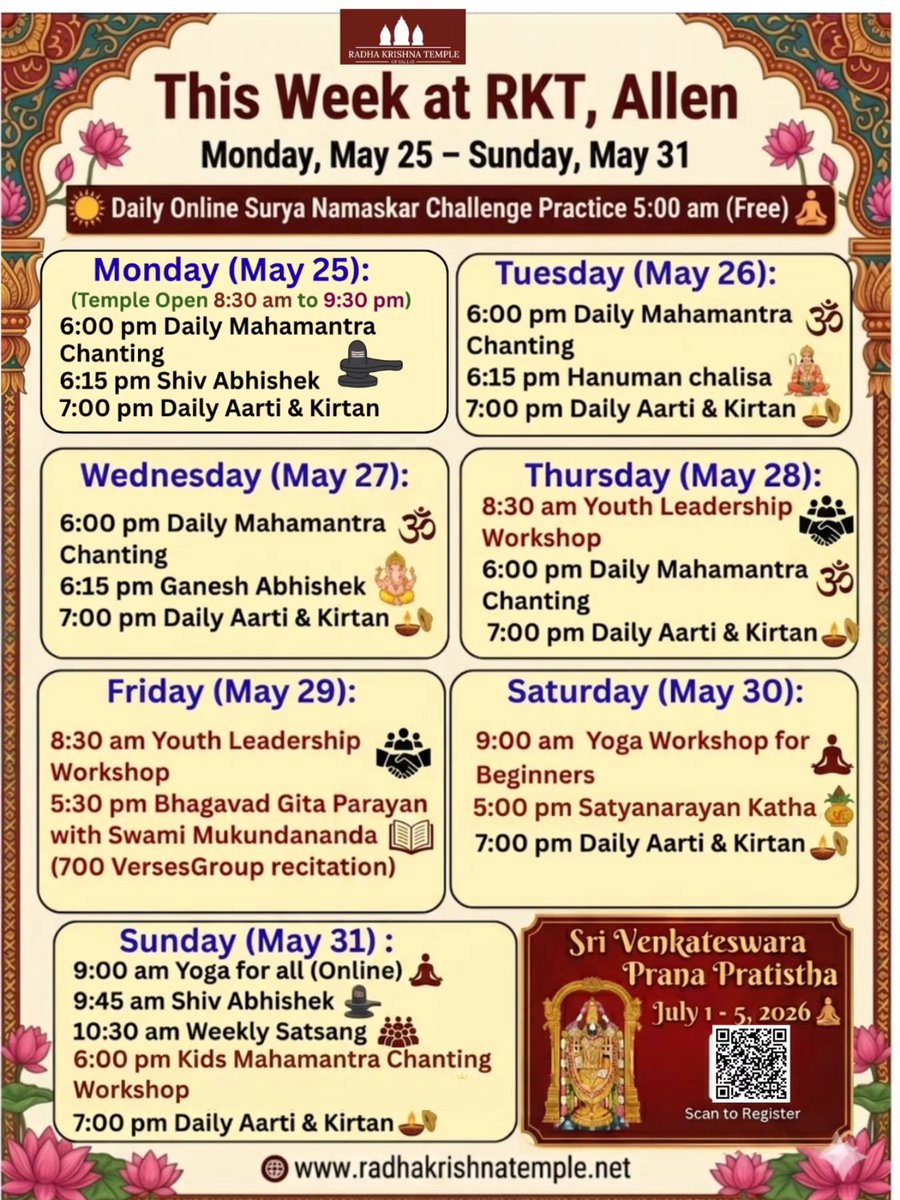 RKT_Dallas's tweet photo. 🌸 This Week at Radha Krishna Temple, Allen 🌸
Join us from Monday, May 25 to Sunday, May 31 for a spiritually uplifting week filled with Mahamantra chanting, abhishek, kirtan, yoga, youth workshops, satsang, and special events.
☀️ Daily Online Surya Namaskar Challenge at 5:00 AM
🕉️ Daily Mahamantra Chanting and Aarti & Kirtan
📿 Special Youth Leadership workshop, Bhagavad Gita Parayan, Satyanarayan Katha, and Sunday Satsang
Bring your family and friends and be part of these divine programs!
📍 Radha Krishna Temple, Allen
🌐 https://t.co/UfleFV1mrD
#Radhakrishnatempleofdallas #Mahamantra #Devotion #BhagavadGita #SwamiMukundananda
